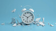 Time is passing away Concept clock breaks down into pieces isolated on light blue background