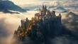 A castle in the fog on a mountain peak