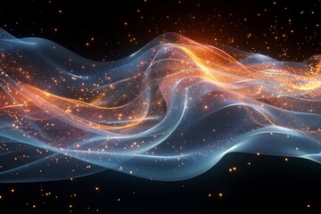 Canvas Print - This abstract image illustrates glowing wave-like particles with a gradual transition from blue to orange hues, creating a sense of flow and energy