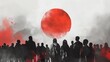 illustration of a red sun close to the people.