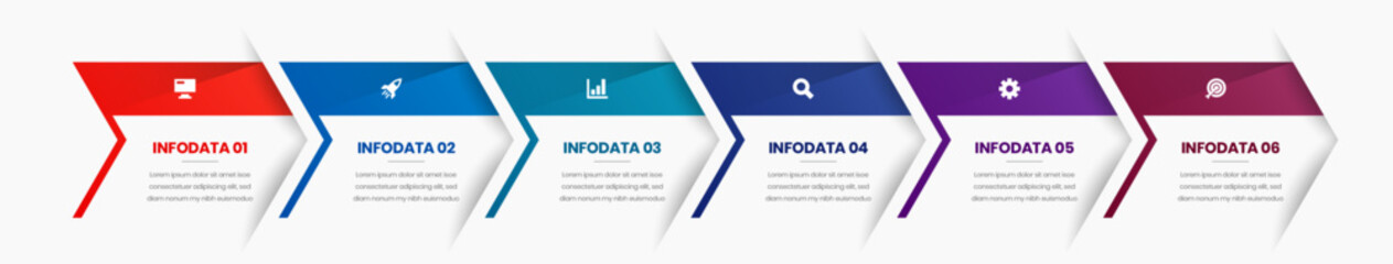 Fototapete - Vector Business Infographic Template with Arrow, Colorful, Icon and 6 Number. Suitable for Process Diagram, Presentations, Workflow Layout, Banner, Flow Chart, Infographic.