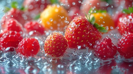 Wall Mural - Selective focus of strawberries and raspberries in splashes of water