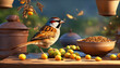 image of sparrows flying searching food around empty pots and bowls..