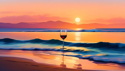 Wall Mural -  a glass of wine on the shore during a beautiful evening, with a beach and ocean and a colorful sunset sky