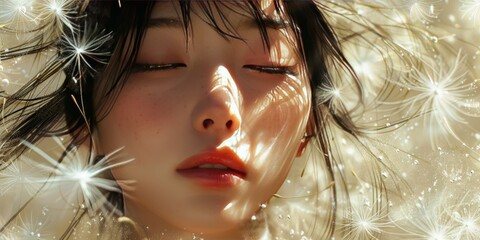 Wall Mural - Asian girl with dandelions