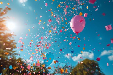 Poster - Festive image capturing a joyful explosion of colorful confetti with a bright blue sky in the backdrop, evoking a sense of celebration and happiness
