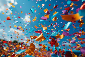 Poster - An image capturing a vibrant explosion of multicolored confetti against a clear blue sky, creating a joyful atmosphere