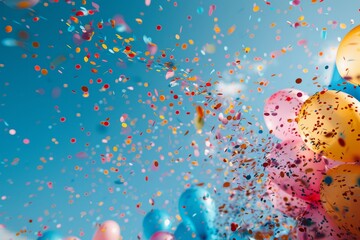 Poster - Festive image showcasing balloons surrounded by a shower of confetti and glitter on a sunny day symbolizing celebrations