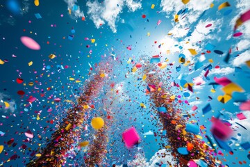Poster - Dynamic image of colorful confetti raining down between two buildings against a blue sky, embodying celebration in the city