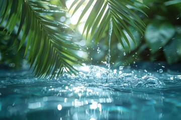 Poster - Close-up of water droplets splashing on the surface, backlit by sunlight with palm leaf silhouettes