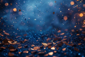 Poster - A mesmerizing scene of twinkling golden and blue bokeh particles creating a magical atmosphere on a dark backdrop