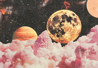 Wall Mural - Saturn Ice Cream collides with cosmic space in contemporary minimal collage art, embodying pop zine culture.