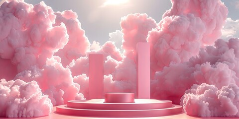 Wall Mural - Pink Plinth stage with Clouds. Podium background for Product display.