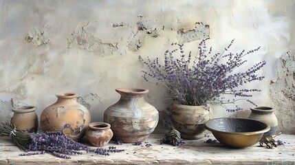 an array of lavender sprigs loosely arranged on a pale wooden surface. Include various earthenware pots with a worn textur