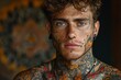 © Larisa AI - Close-up of a man with intricate facial tattoos and piercings, embodying art and self-expression