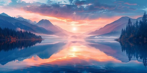 Sticker - Sunset and a cloud covered mountain panorama are reflected in the still lake