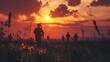 Field at Sunset with Soldiers' Silhouettes: A Tribute
