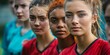 © Настя Шевчук - Determined multiethnic female soccer players ready for the game.