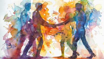 A painting of three people shaking hands in a colorful background