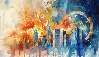 Wall Mural - A painting of a city with a clock in the middle