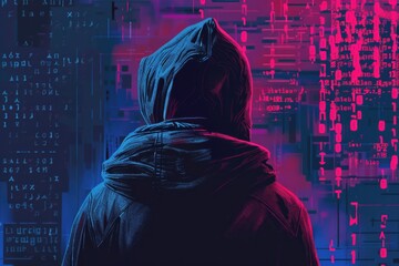 Poster - person in a hoodie standing in front of a computer screen. suitable for technology concept