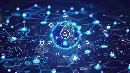 Poster - communication technology background. visualize a digital globe in the center, surrounded by connecte