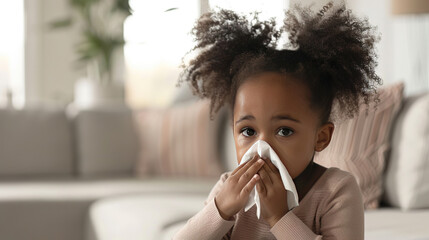 Adorable African American child blowing his nose into a paper or cloth handkerchief. The girl is allergic to pollen or food. Viral respiratory disease in a child