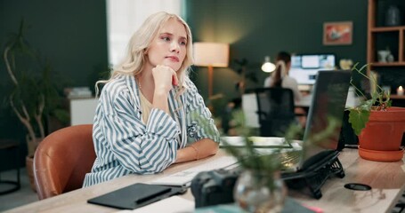 Aufkleber - Woman, startup and thinking with laptop for research with career, creative or graphic designer for digital. Female entrepreneur, thought or computer for job with website development, planning at desk