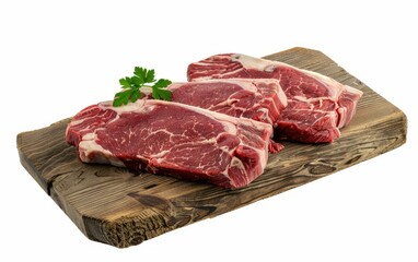 Three juicy raw steaks with a parsley garnish on a wooden board