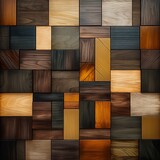 Fototapeta Londyn - Wood Tiles arranged to create a Rectangular Wall. 3D Render Bricks. Natural Background formed from Timber Blocks. AI 