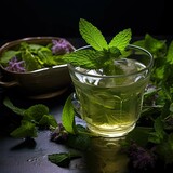 Fototapeta Londyn - Invigorating herbal tea, adorned with mint leaves, glistens on dark. Generative AI.