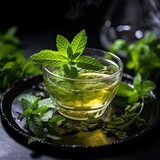 Fototapeta Londyn - Invigorating herbal tea, adorned with mint leaves, glistens on dark. Generative AI.