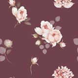 Fototapeta Kwiaty - Seamless pattern with bouquets of flowers. Spring roses in watercolor style
