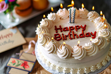 An isolated birthday cake with candles and a card with text 