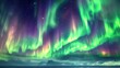 A cosmic dance of aurora lights, where greens, purples, and pinks weave across a star-studded night sky, rendering the majestic natural phenomenon in an abstract.