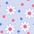 White daisies isolated on a pastel blue background. Abstract flowers and squares, seamless pattern. Flat style. Background for paper, cover, textile, interior decor.