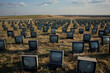 © grey - An empty field filled with many classic CRT TVs