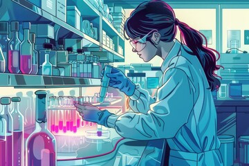 Poster - A woman in a lab coat holding a test tube. Suitable for scientific and medical concepts