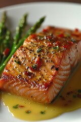 Wall Mural - A piece of grilled salmon served with a side of asparagus on a white plate