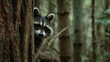 Curious Raccoon Peeking Out Behind Tree - Close-Up Shot