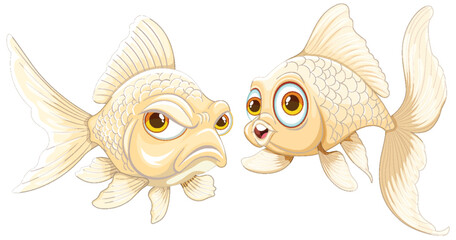 Wall Mural - Two goldfish with contrasting expressions face each other.