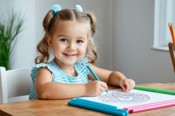 Capture the essence of youthful creativity and exploration as a joyous little girl engages in drawing at a table, symbolizing the beauty of childlike wonder.