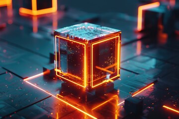 Poster - A glowing cube on a reflective surface. Suitable for technology concepts