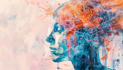 Wall Mural - A painting of a brain with a blue face and orange background