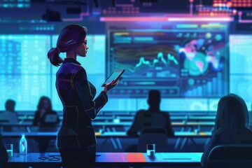 Poster - A woman standing with a tablet screen, suitable for technology concepts