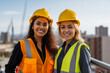 © Tetiana - Generative AI picture Portrait of construction worker wearing a protective safety uniform clothes helmet at big building