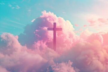 A cross silhouette in the clouds with a serene sky background. Perfect for religious themes or spiritual concepts