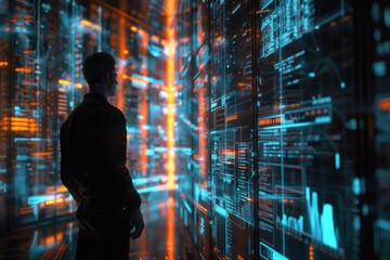 Poster - A man standing in front of a wall of data. Perfect for technology concepts