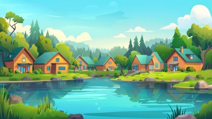 Wall Mural - A wooden cottage or lodge on the shore of a river or lake. Cartoon illustration of a summer landscape. Cozy homes on a pond or sea bank with green trees and grass.