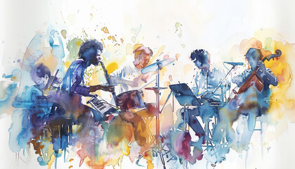 A group of musicians playing instruments in a colorful painting